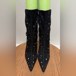 Stuart Weitzman Cosmic 100 Black Suede Stretch Pointed Stiletto Bootie Crystal